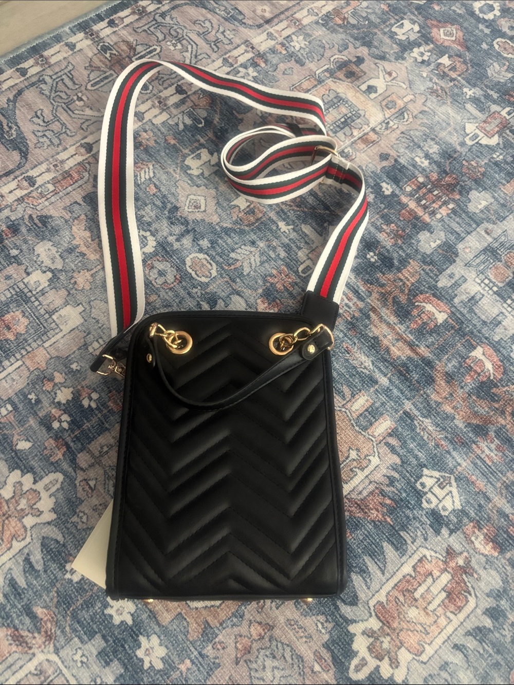 Black Quilted Crossbody Bag with Striped Webbing Strap